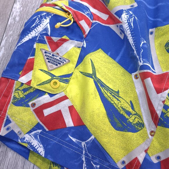 Columbia PFG Board Shorts Mens 32 Blue Yellow Pull On Swim Surf Beach Trunks - Picture 3 of 7